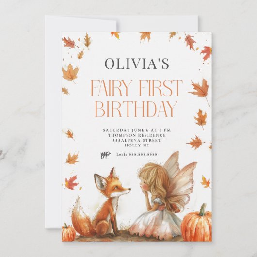 秋フェアリーファースト誕生日招待状とキツネ 招待状 (正面)