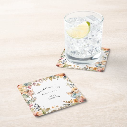 秋フェアリーフローラガーデン秋のベビーガールシャワー スクエアペーパーコースター (インサイチュ)