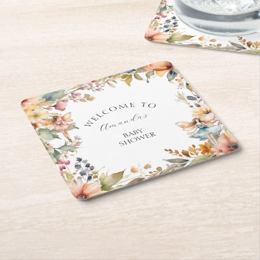 秋フェアリーフローラガーデン秋のベビーガールシャワー スクエアペーパーコースター (アングル)