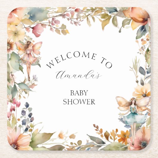 秋フェアリーフローラガーデン秋のベビーガールシャワー スクエアペーパーコースター (正面)