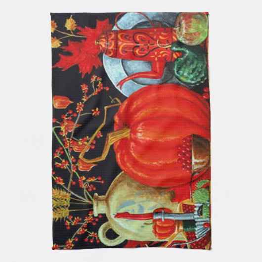 秋フェスティバルアンティーク絵画ズカボチャの装飾 キッチンタオル (縦)