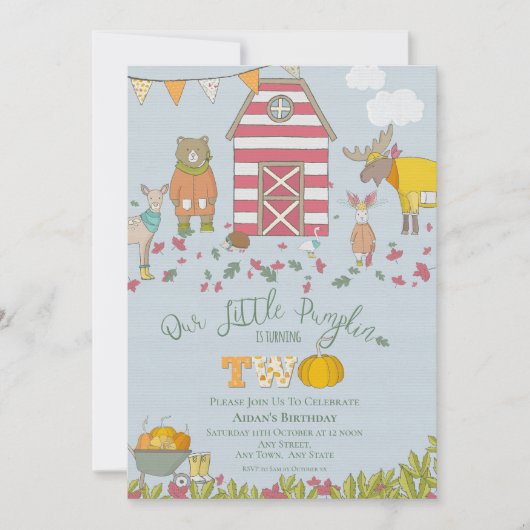 秋フォレストフレンズセカンド誕生日招待状 招待状 (正面)