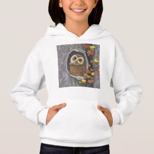 秋フクロウと紅葉フード付きスウェットシャツ