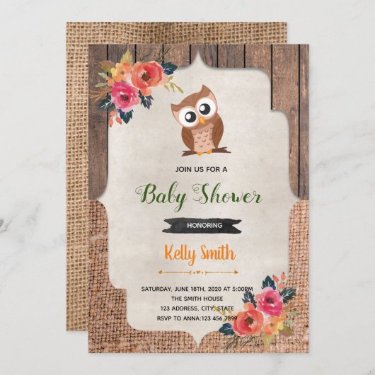 秋フクロウのベビーシャワー誕生日の招待 招待状 (正面/裏面)