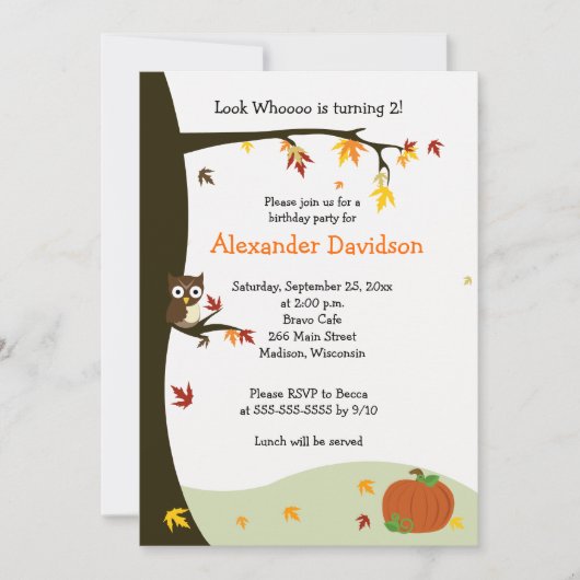 秋フクロウインツリー誕生日招待状5x7 招待状 (正面)