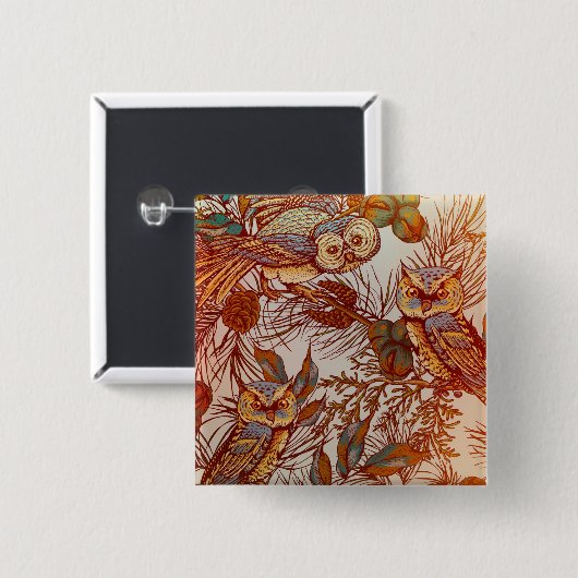 秋フクロウヴィンテージ秋模様オレンジグリーンブルー 缶バッジ (正面&裏面)