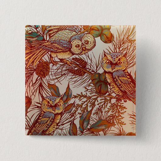 秋フクロウヴィンテージ秋模様オレンジグリーンブルー 缶バッジ (正面)