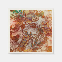 秋フクロウヴィンテージ素朴なオレンジブルーグリーンパイン スタンダードカクテルナプキン
