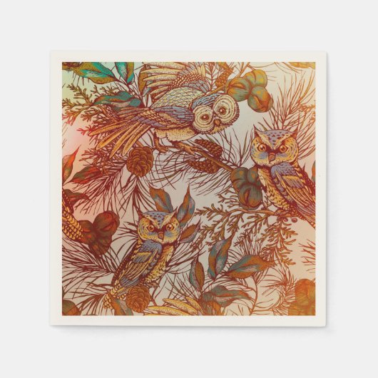 秋フクロウヴィンテージ素朴なオレンジブルーグリーンパイン スタンダードカクテルナプキン (正面)