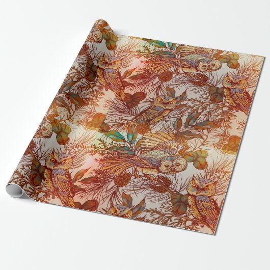 秋フクロウ秋ヴィンテージ ラッピングペーパー (アンロールド)