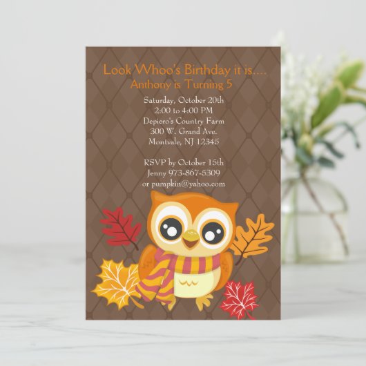 秋フクロー誕生日パーティーの招待 招待状 (スタンド正面)