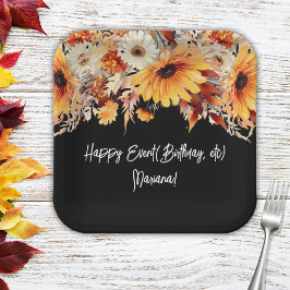 秋フラワーオンブラックパーティー ペーパープレート