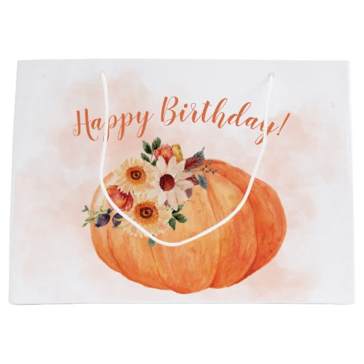 秋フラワーズアンドパンプキンハッピーバースデー ラージペーパーバッグ (正面)