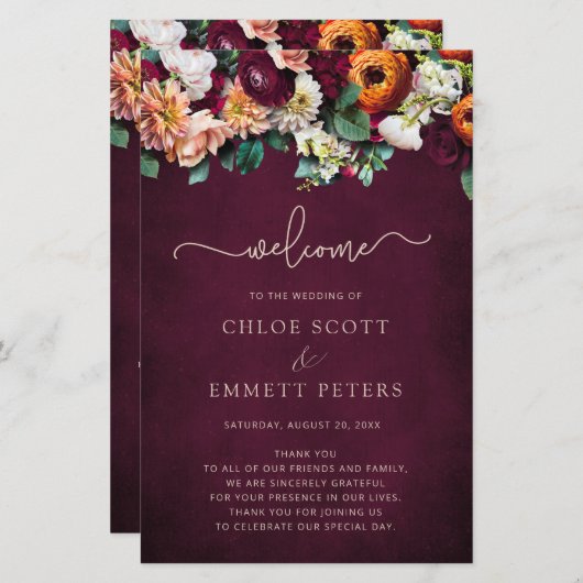 秋フラワーズバーグンディ結婚さんの式プログラム (正面/裏面)