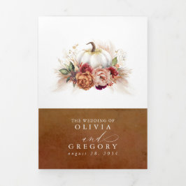 秋フラワーズパンプキエレガントンボホ結婚ズ 三つ折り招待状