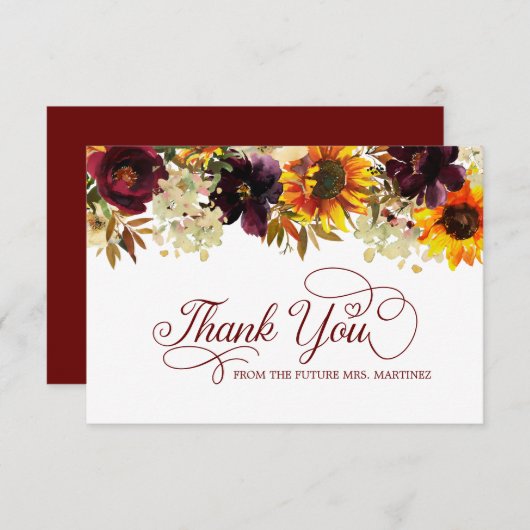 秋フラワーズヒマワリバラブライダルシャワー サンキューカード (正面/裏面)