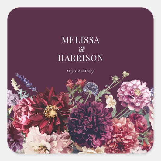 秋フラワーダリアバンチ秋の結婚式花模様 スクエアシール (正面)