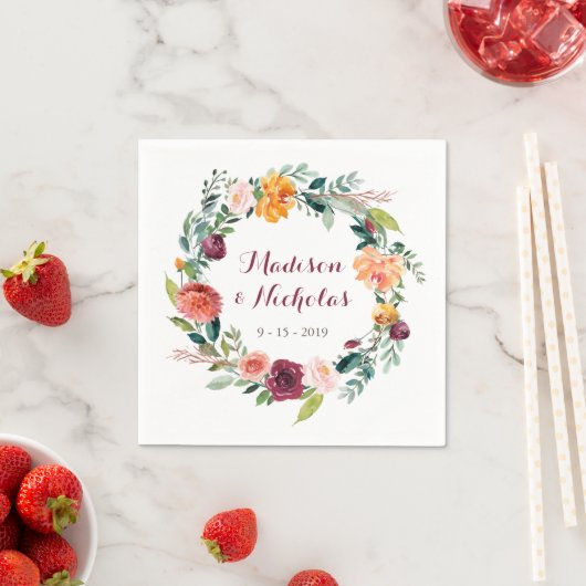 秋フラワー結婚ズナプキンスオレンジマルーンピンク スタンダードカクテルナプキン (インサイチュ)