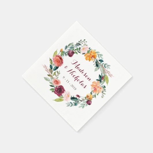 秋フラワー結婚ズナプキンスオレンジマルーンピンク スタンダードカクテルナプキン (角)