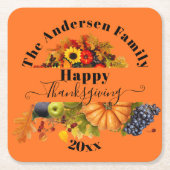 秋フルーツ花と葉ハッピー感謝祭 スクエアペーパーコースター (正面)