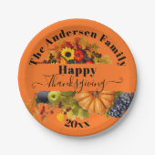 秋フルーツ花と葉ハッピー感謝祭 ペーパープレート (正面)