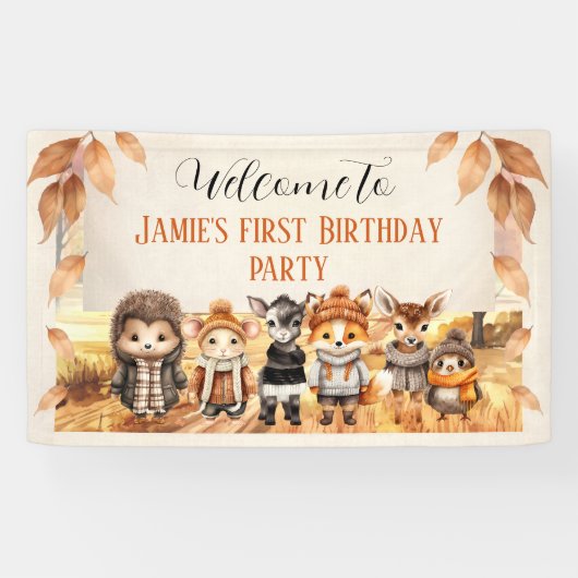 秋フレンズかわいい動物たち1st誕生日へようこそ 横断幕 (横)