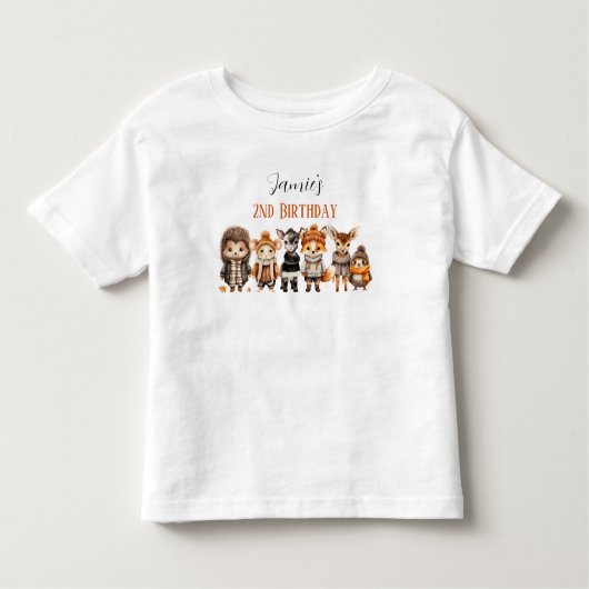 秋フレンズかわいい森の動物2nd誕生日の名前 トドラーTシャツ (正面)