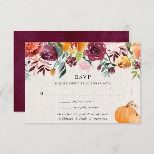 秋フローラとカボチャ水彩結婚式RSVP エンクロージャーカード (正面/裏面)