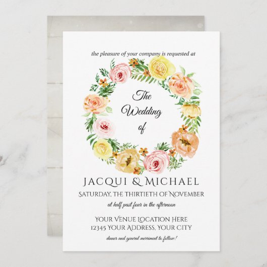 秋フローライエローnピーチバラwフリージリース 招待状 (正面/裏面)