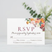 秋フローラウェディングRSVPカード、オレンジマルーンピンク 出欠カード (スタンド正面)