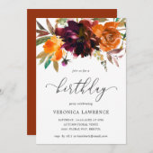 秋フローラオレンジブルガンディーウーマン誕生日 招待状 (正面/裏面)