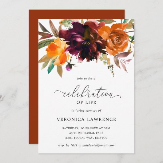 秋フローラオレンジブルゴーニュお祝いオブライフ 招待状 (正面/裏面)