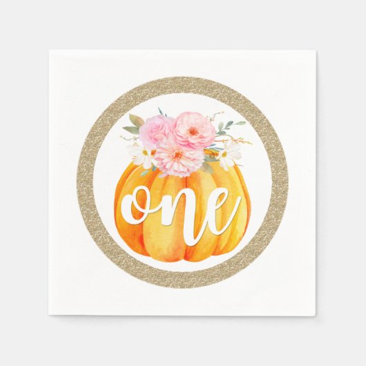 秋フローラカボチャ赤ちゃん女の子の最初の誕生日ワン スタンダードカクテルナプキン (正面)