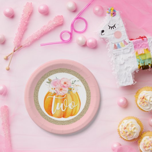 秋フローラカボチャ赤ちゃん女の子の2番目の誕生日TWO ペーパープレート (パーティー)