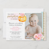 秋フローラカボチャBaby Girl's 1st Birthday Photo 招待状 (正面)