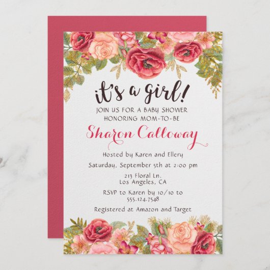 秋フローラガールベビーシャワーバラ招待状 招待状 (正面/裏面)