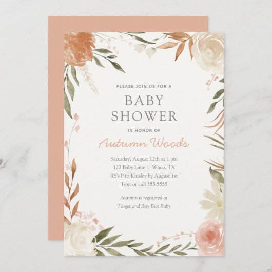 秋フローラガールベビーシャワー招待状 招待状 (正面/裏面)