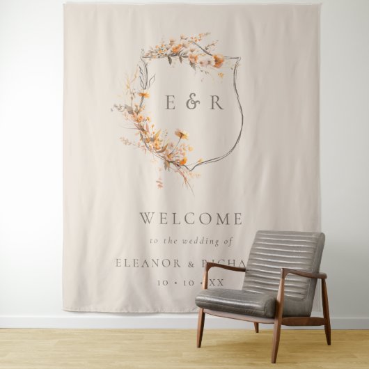 秋フローラクレストモノグラム結婚の歓迎 タペストリー (インサイチュ)