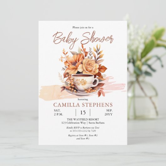 秋フローラコテージコアティーカップベビーシャワー 招待状 (スタンド正面)