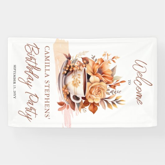 秋フローラコテージコアティーカップ誕生日ティーパーティー 横断幕 (横)