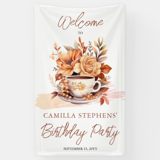 秋フローラコテージコアティーカップ誕生日ティーパーティー 横断幕 (縦)