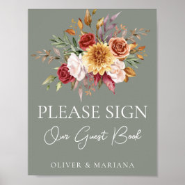 秋フローラセージ結婚グリーンズゲストブックサイン ポスター