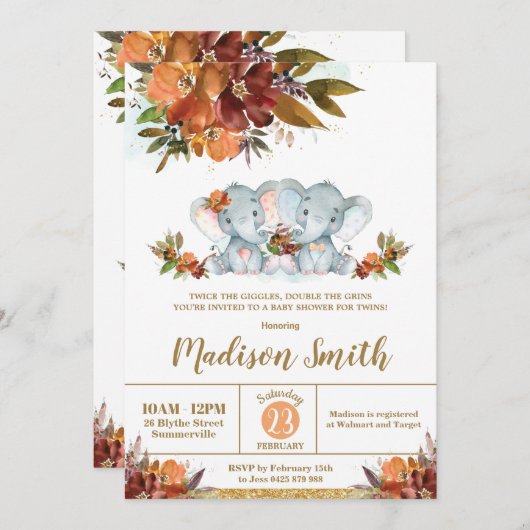 秋フローラツインズボーイガール象ベビーシャワー  招待状 (正面/裏面)