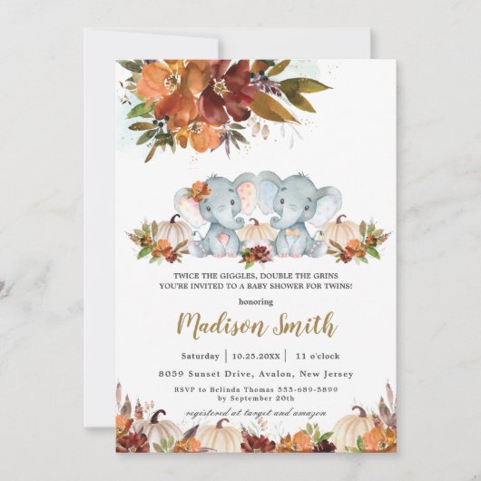 秋フローラツインズボーイガール象ベビーシャワー  招待状 (正面)