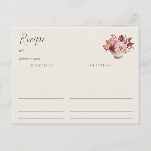 秋フローラティーカップブライダルシャワーレシピカード ポストカード (正面)