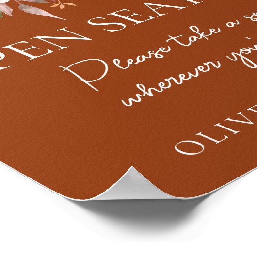 秋フローラテラコッタ結婚のオープンシーティングサイン ポスター (角)