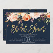 秋フローラネイビーブルーブライダルシャワー招待 招待状 (正面/裏面)