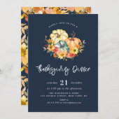 秋フローラネイビーブルー感謝祭ディナー 招待状 (正面/裏面)
