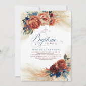 秋フローラネイビーブルー&テラコッタバプテスマ 招待状 (正面)