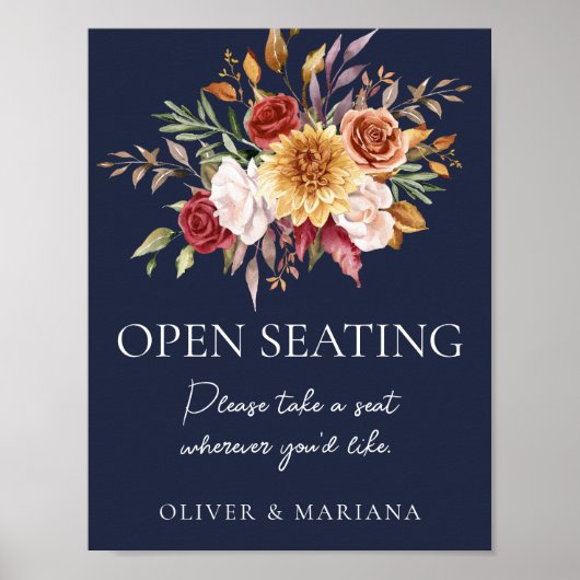 秋フローラネイビー結婚ブルーのオープンシーティングサイン ポスター (正面)